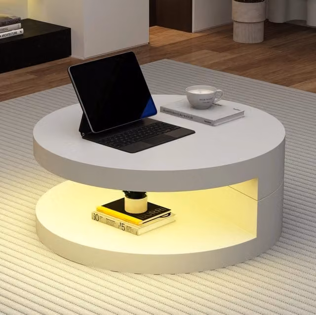 Tavolino da salotto ULEVR ?70 cm con piano girevole a 360¡ã, LED e doppio ripiano, MDF bianco