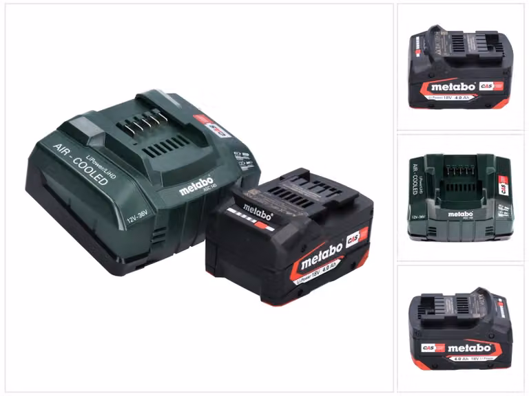 Set base Metabo 1x batteria Li-Power 18 V 4,0 Ah CAS Li-Ion ( 625027000 ) + caricatore rapido ASC 145 ( 627378000 )