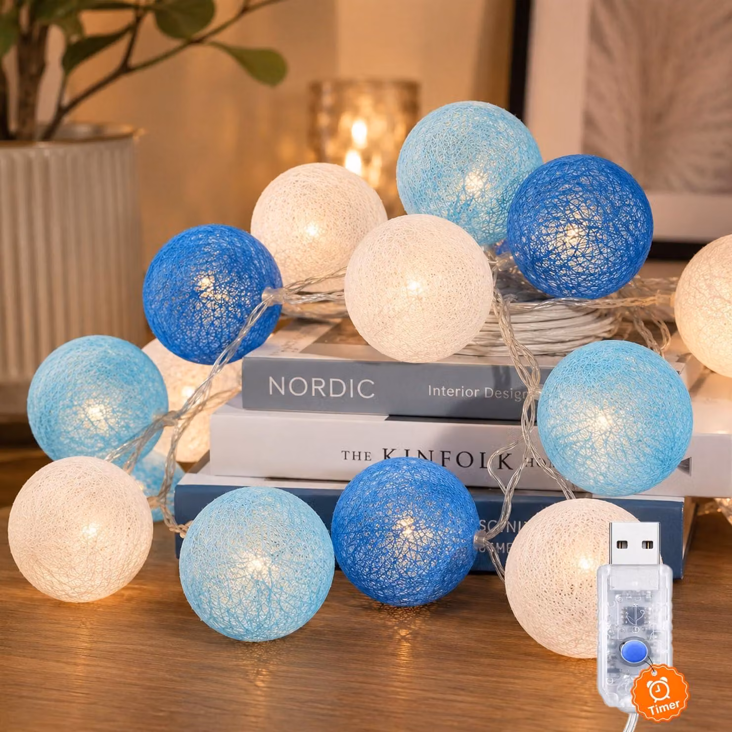 Catena luminosa con palline di cotone, alimentazione USB, timer, lunghezza 3 metri, 20 LED
