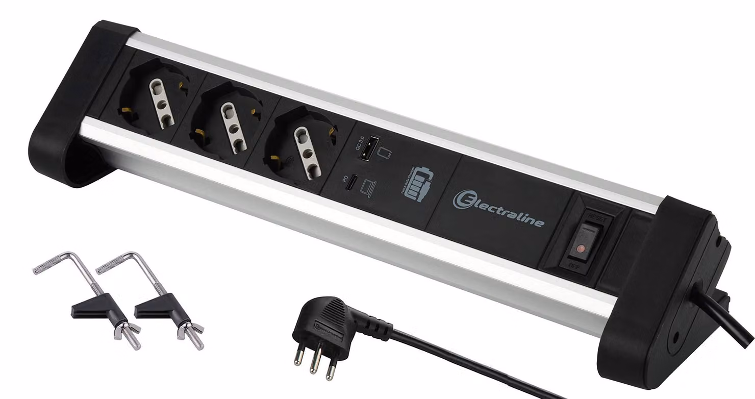 Electraline 61907, ciabatta multipresa da scrivania, 3 prese, Schuko + 10/16 A