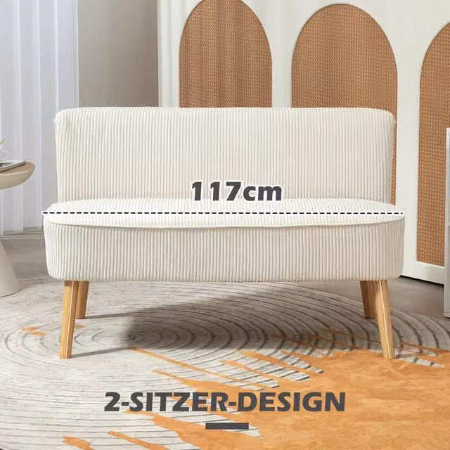 Divano moderno a 2 posti WISHDOR in legno con rivestimento in tessuto bianco crema, L: 117 cm, P: 56,5 cm, H: 77 cm