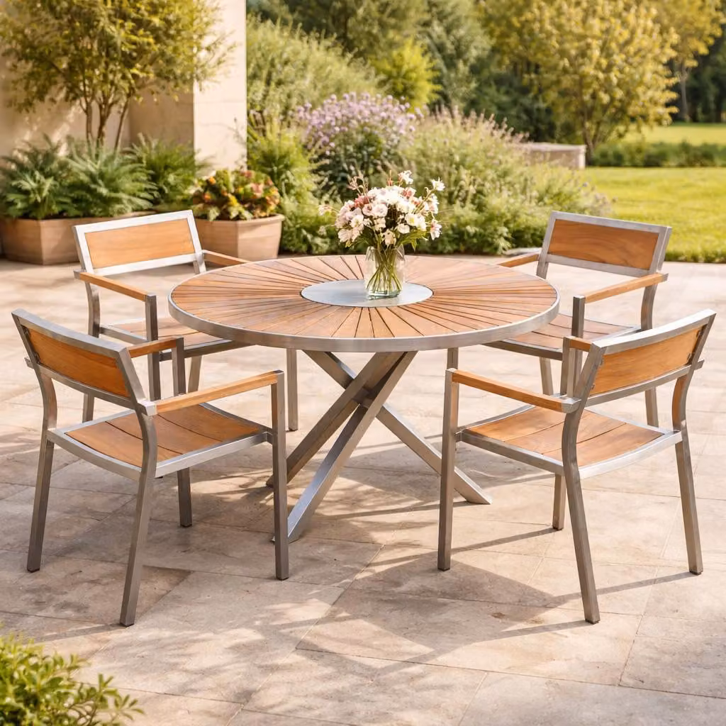 4 Stühle Endine + Tisch Alserio 80 cm Edelstahl