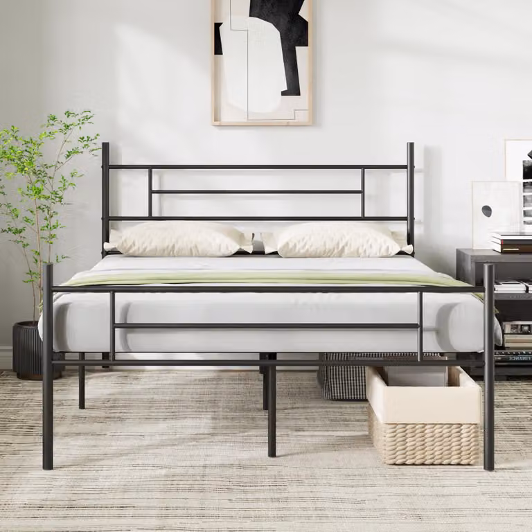 Struttura per letto matrimoniale in metallo, dimensioni 160x190 cm, altezza 30,5 cm, colore nero, con spazio contenitivo