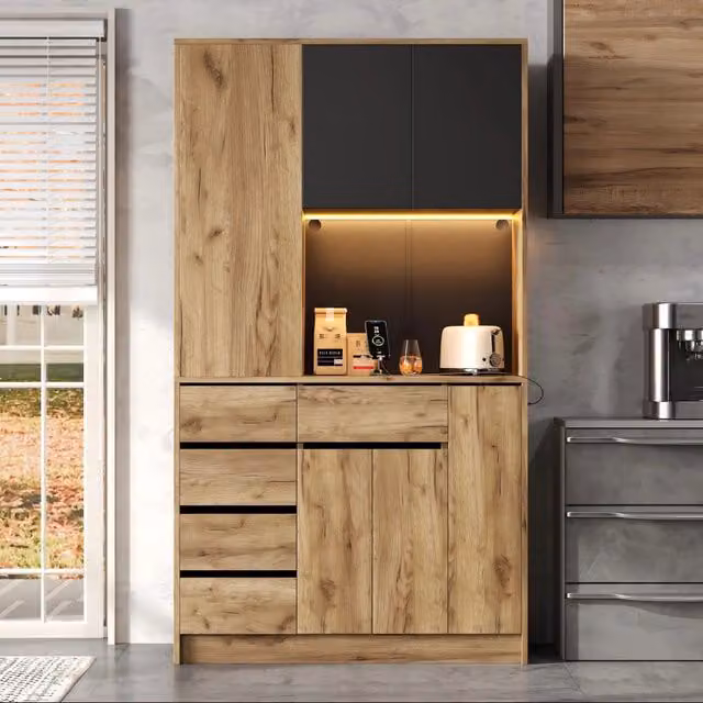 Armadio da cucina alto 185x105x40 cm con dispensiera verticale estraibile a 4 ripiani, ripiani regolabili, illuminazione LED con telecomando e presa
