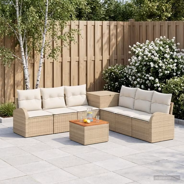 Set di divani da giardino vidaXL a forma di L in polyrattan con tavolino da caffè e pouf, 8 pezzi, Beige e Bianco Crema
