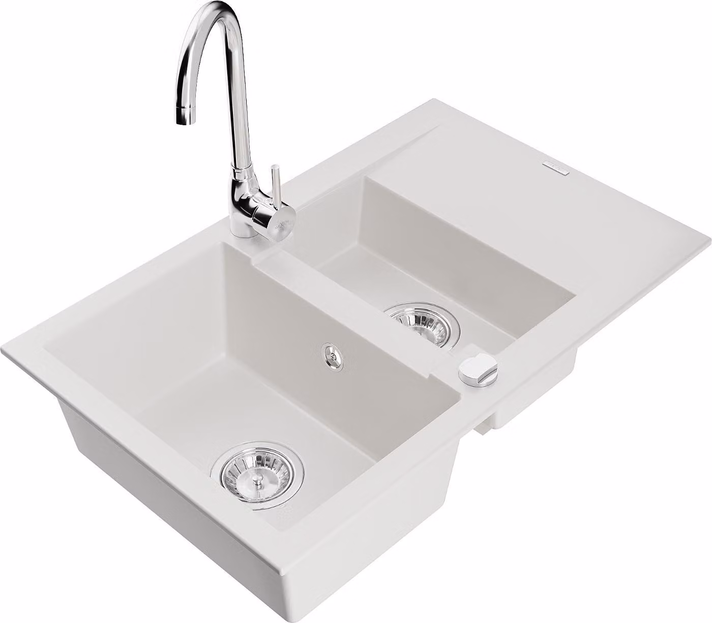Mexen Gaspar lavello in granito 1,5 vasche con sgocciolatoio e rubinetto da cucina Telma, bianco - 6507-20-670200-00