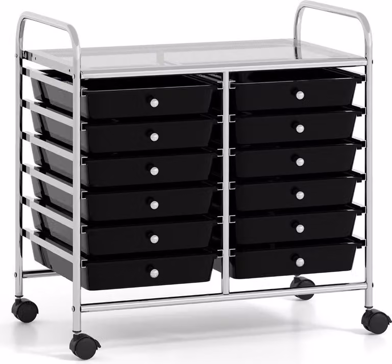 Carrello portaoggetti mobile con 12 cassetti impilabili, nero