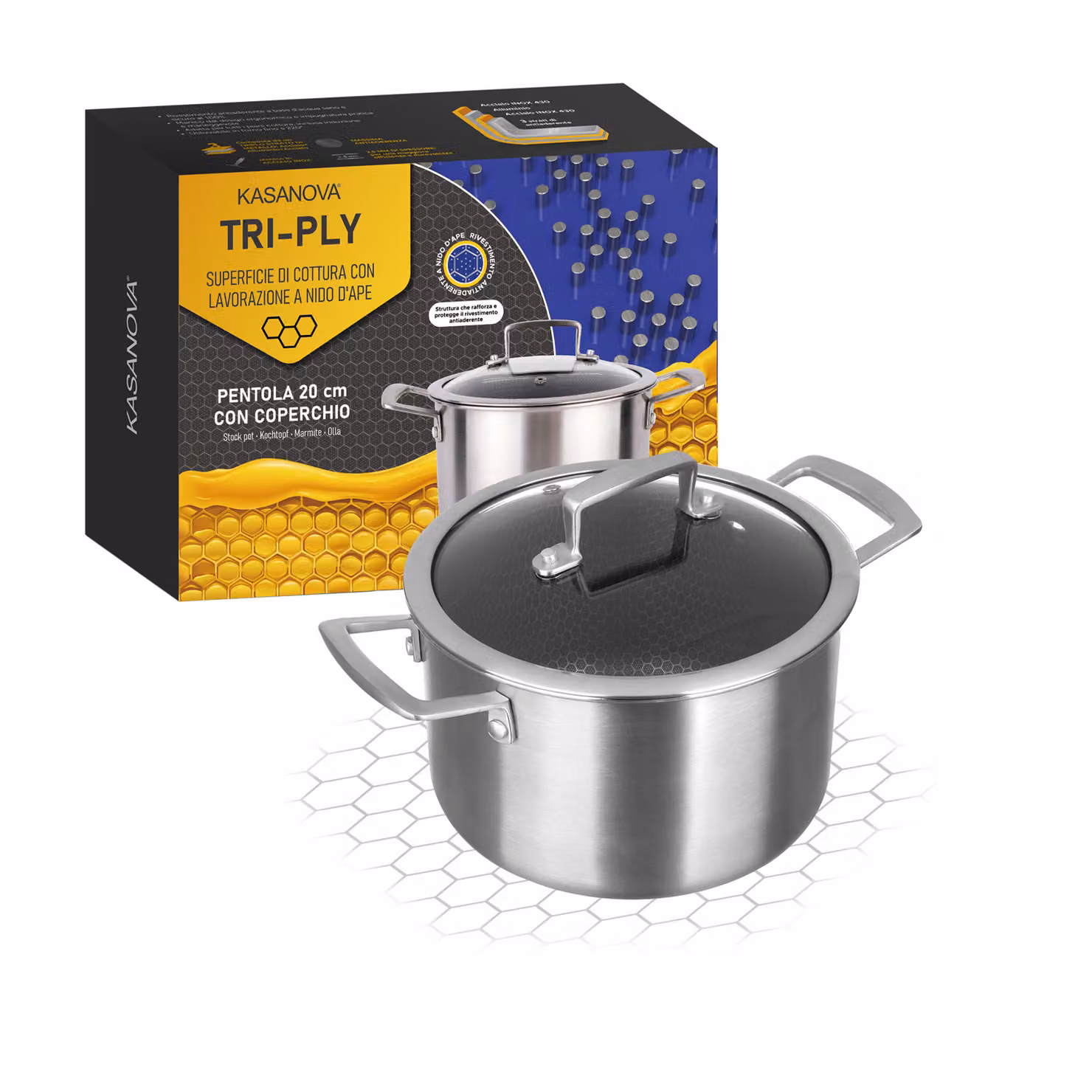 Pentola Kasanova in acciaio inox e alluminio con coperchio in vetro, colore argento, Diametro: 20 cm – 2