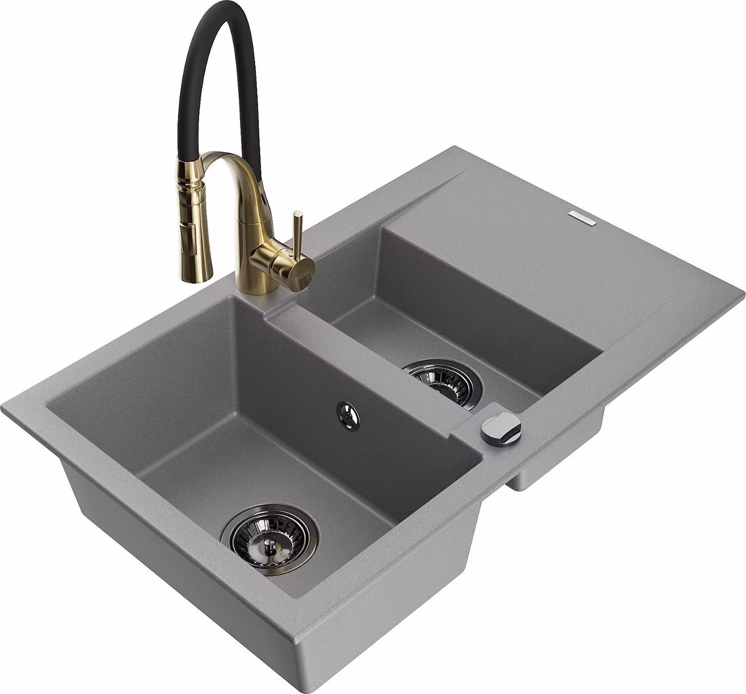 Mexen Gaspar lavello in granito 1,5 vasche con sgocciolatoio e rubinetto da cucina Aster, grigio - 6507-71-73450-57-B