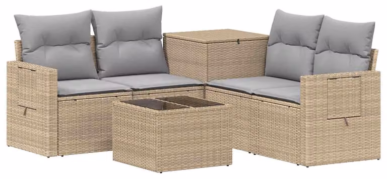 Set di divani da esterno, 6 pezzi. Colore: beige e grigio chiaro. Materiali: rattan sintetico e acciaio
