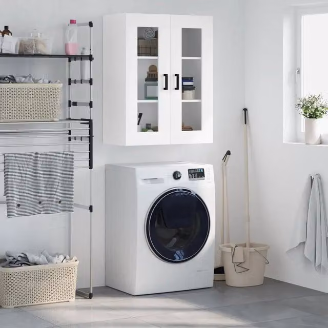 Mobile a Parete Moderno vidaXL Bianco con Ante in Vetro L: 69,5 cm, P: 34 cm, H: 90 cm