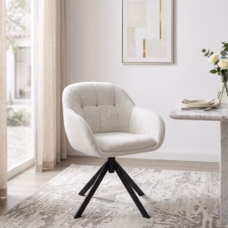 Poltrona reclinabile a 360° Duhome, con braccioli, rivestita in tessuto di chenille, ideale come poltrona da trucco, con struttura in metallo. Sedia da pranzo, color beige
