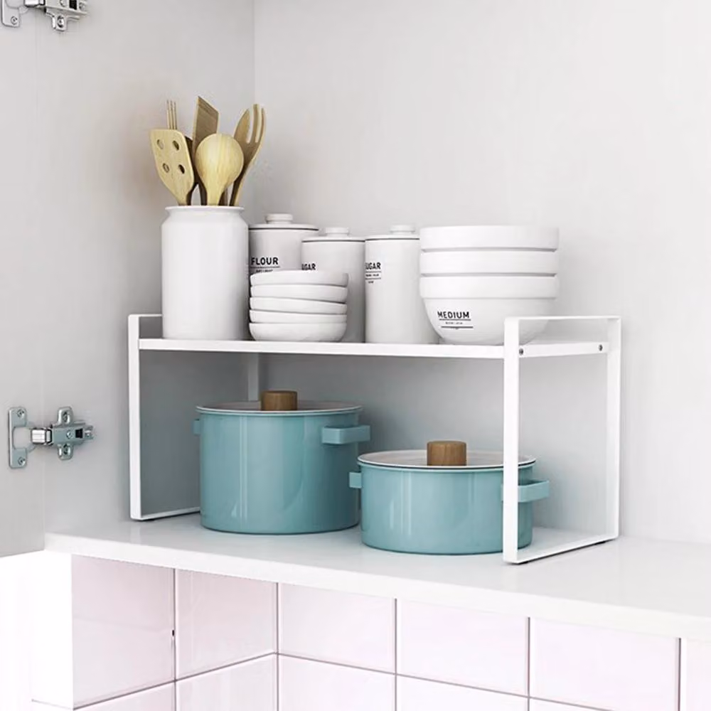 Organizzatore estensibile per la cucina – Ripiano regolabile per armadi e piani di lavoro – Larghezza regolabile – Acciaio inossidabile – Adatto per cucina e bagno – Bianco