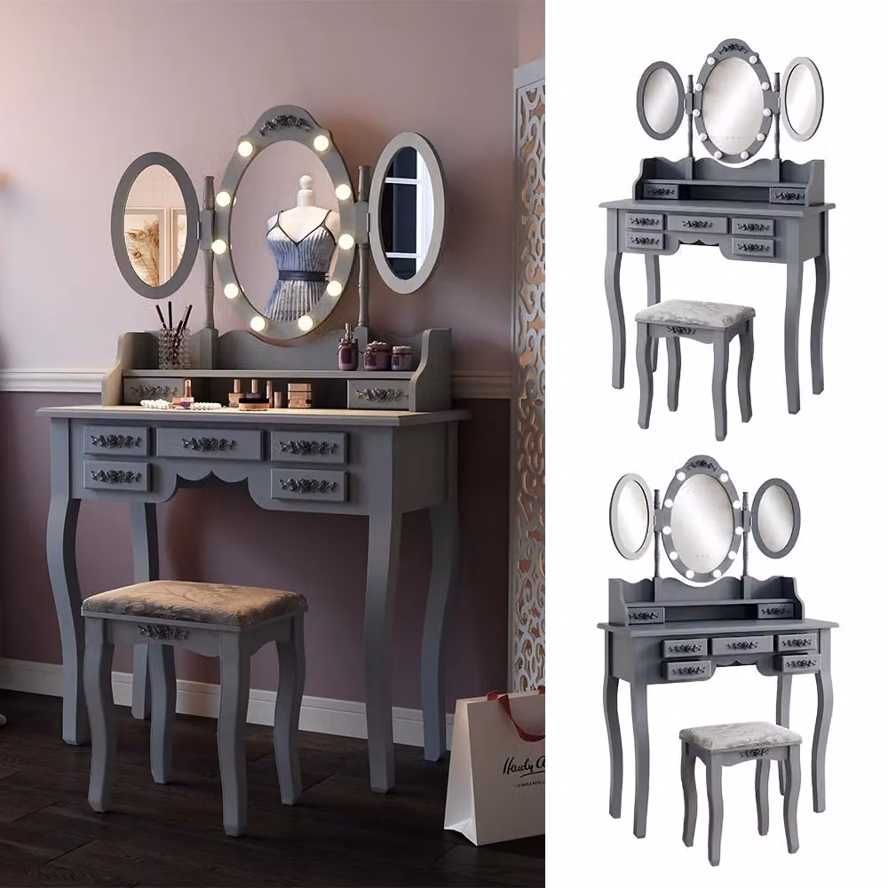 Tavolo da toilette Diana Vicco Grigio con illuminazione e sgabello L: 90 cm, P: 40 cm, H: 76 cm – 2
