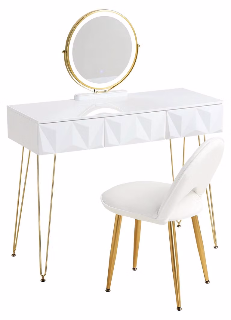 Comò da trucco - Mobile per il trucco - Tavolino da trucco - Tavolino per la bellezza - Con illuminazione a LED - 3 ampi cassetti - Sedia