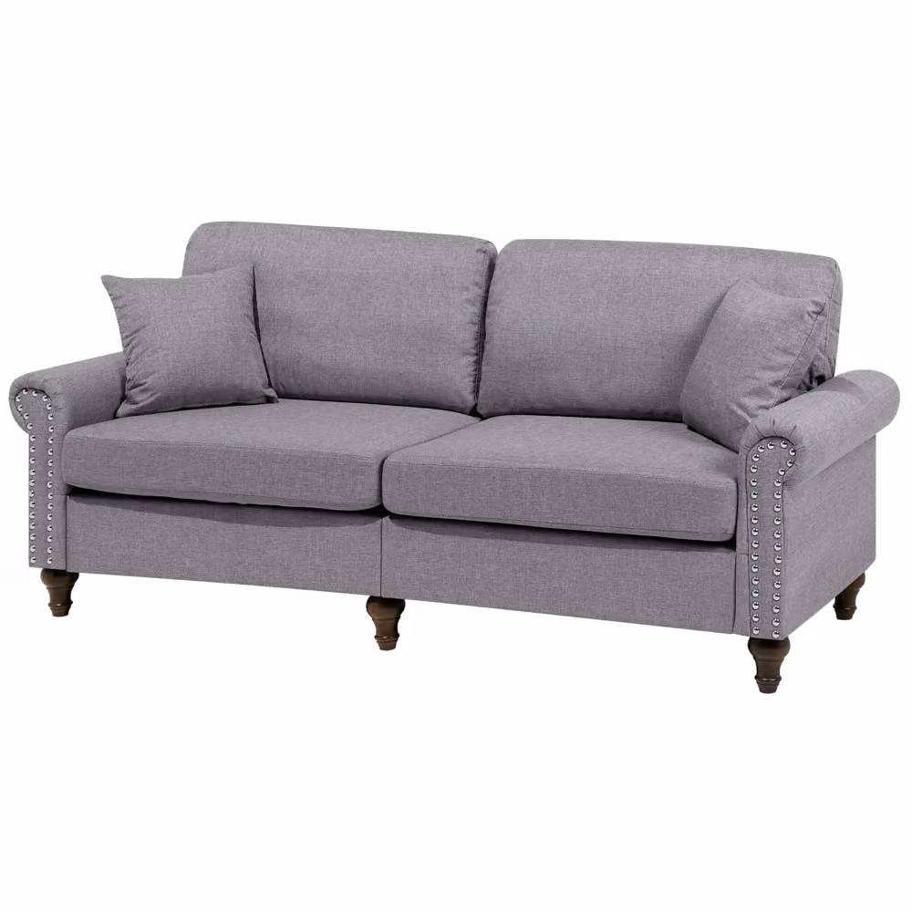 Divano a 3 posti Beliani in stile Chesterfield in tessuto grigio con schienale basso e cuscini coordinati L: 195 cm, P: 84 cm, H: 76 cm – 2