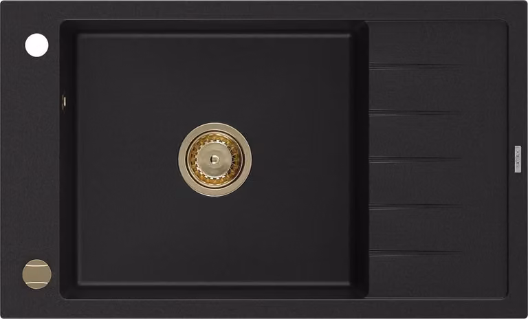 Mexen Elias lavello in granito 1-vasca con gocciolatoio 795 x 480 mm, nero, sifone dorato - 6511791005-77-G