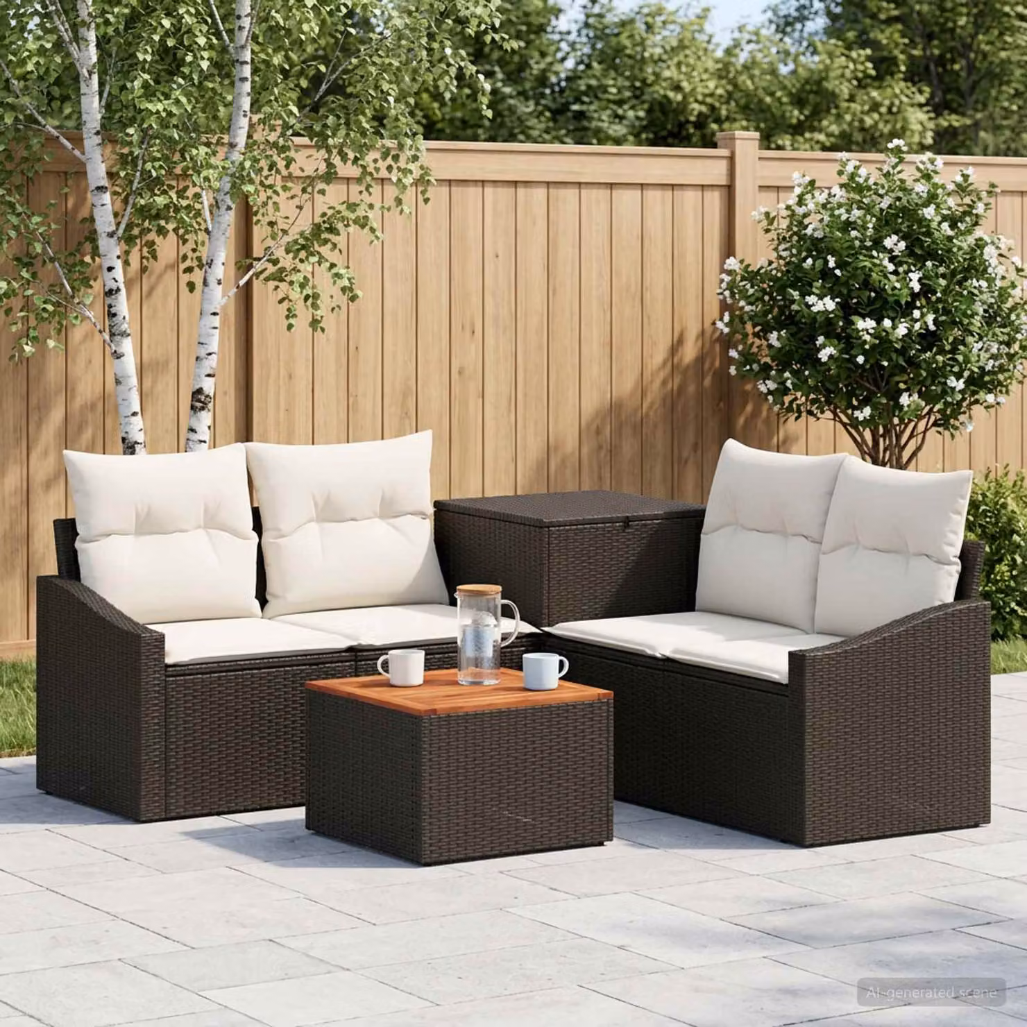 Set di divani da giardino vidaXL in polyrattan nero e bianco con cuscini e tavolino da esterno a forma di L