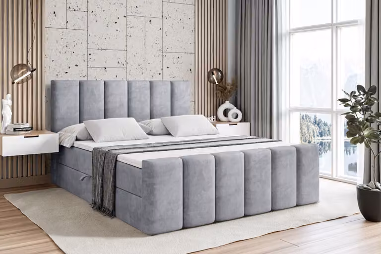 Letto boxspring ALTDECOR con pediera, materasso H4 e topper - 160x200 cm - BOXI1-Z - Velluto grigio chiaro - Letto imbottito con contenitore e rete a doghe, letto con spazio contenitivo