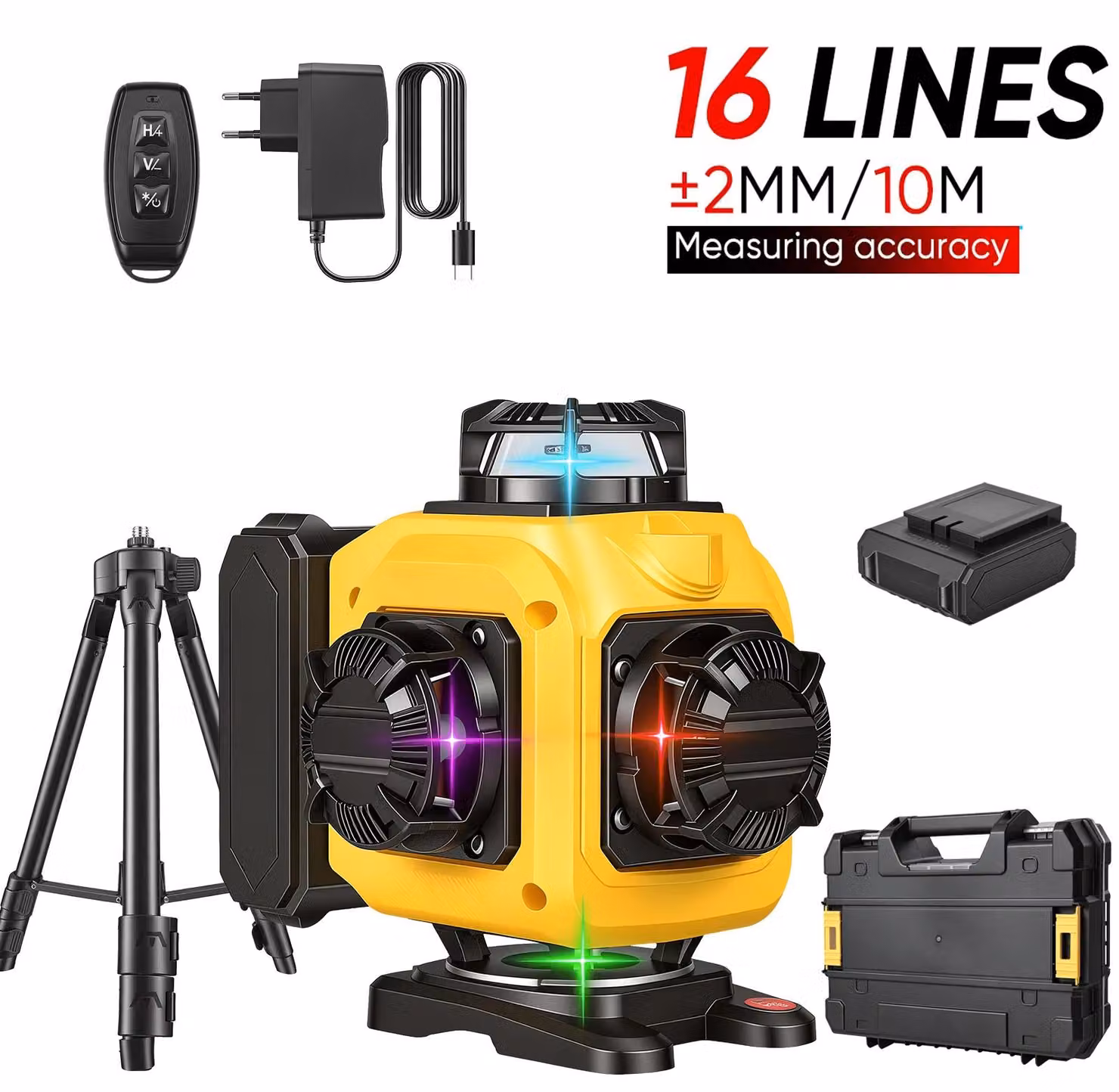 Livella laser 4D a 16 linee - Autolivellante - 360° - 4 colori - Con treppiede - 1 batteria