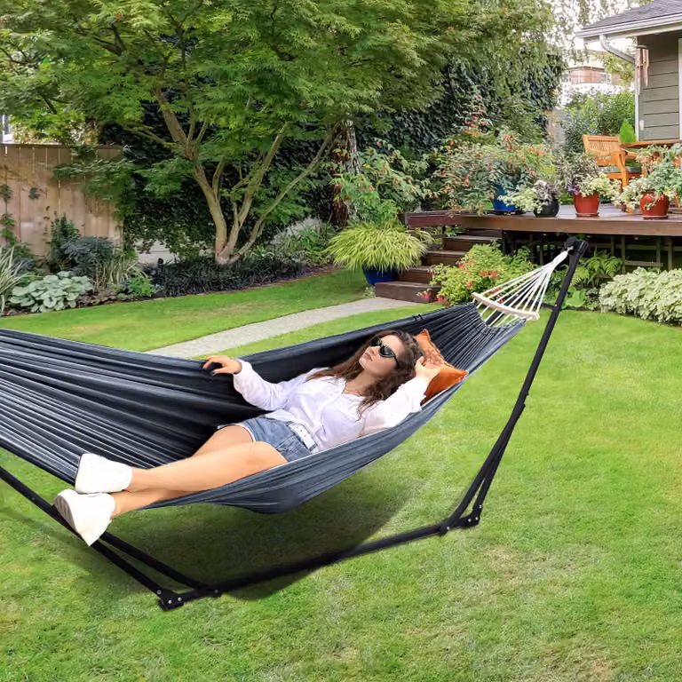 Sedia a dondolo pieghevole - Struttura nera - Tessuto nero - 180x130 cm - Adatta per interni ed esterni - Portatile, per il relax