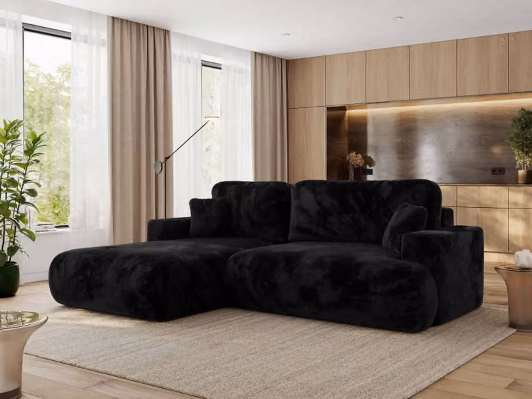 MKS MEBLE divano angolare OVO con funzione letto e box letto, peluche nero, divano a L, divano angolare a 4 posti, 271x195x95 cm - lato sinistro