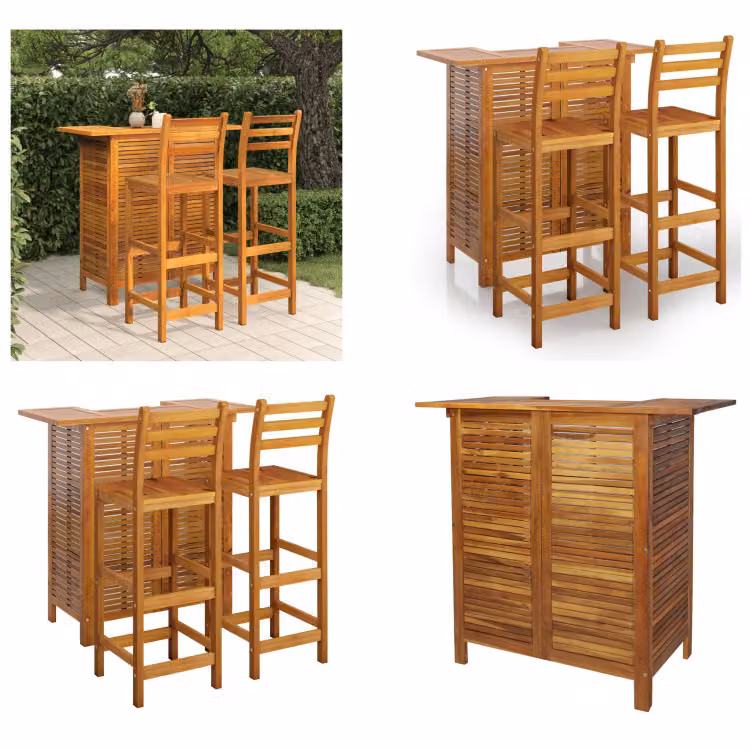vidaXL Set bar da giardino 3 pezzi in legno massiccio di acacia - Set bar da giardino - Set bar da giardino - Tavolo e sedia da giardino - Set da pranzo per esterni