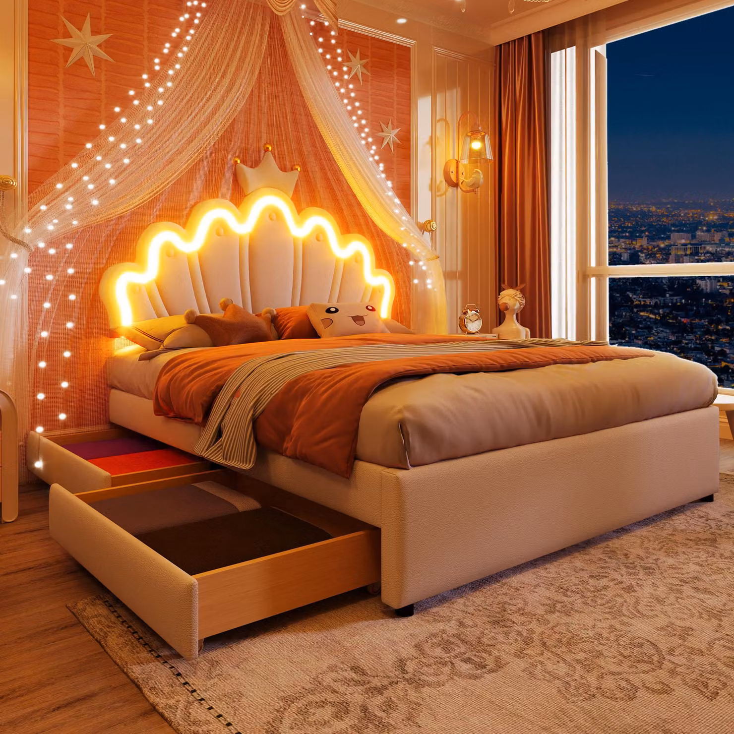 Letto imbottito Merax 140x200cm, letto da principessa con luci LED, testata regolabile, 2 cassetti, design a , PU, letto per bambini, letto per giovani, bianco