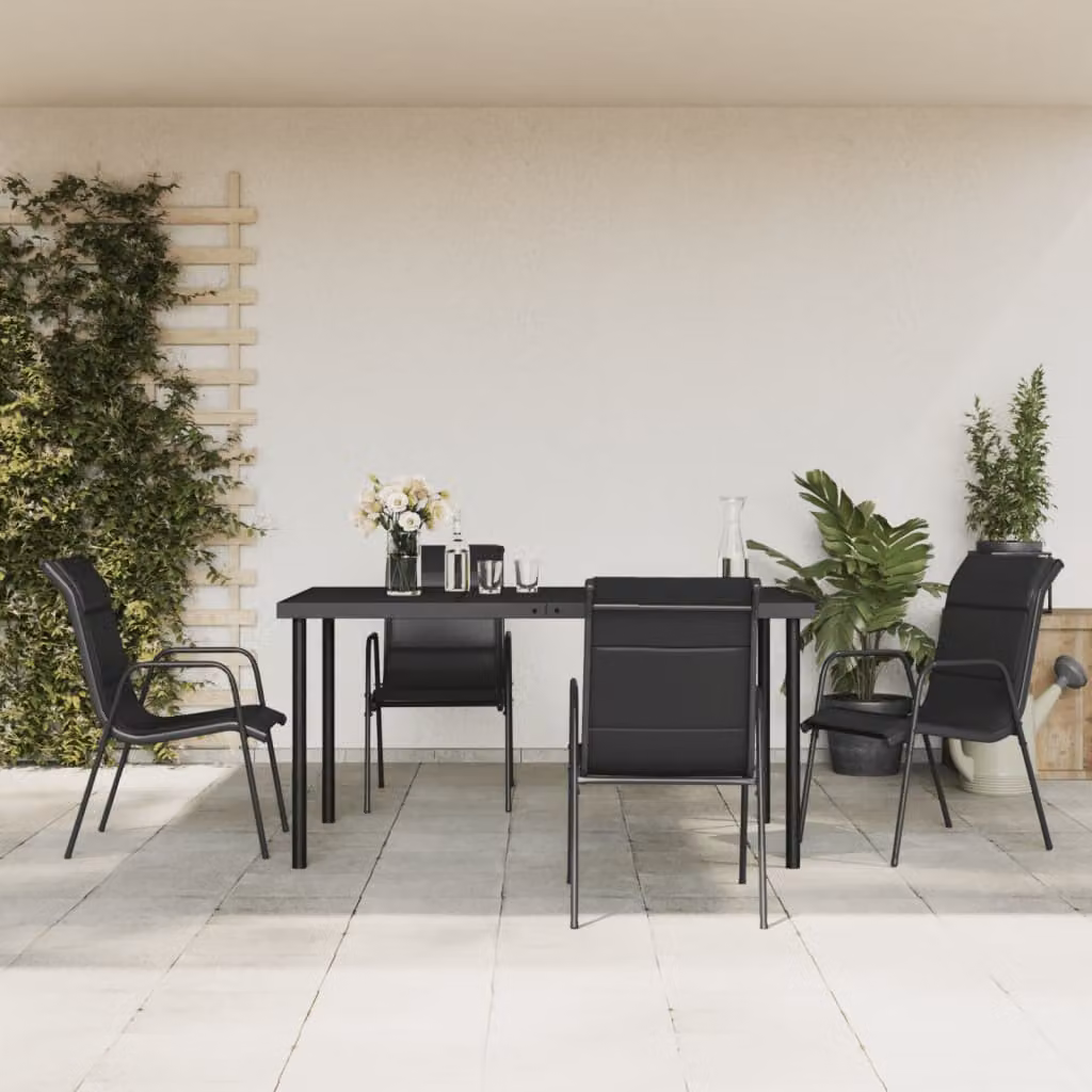Set da Pranzo da Giardino vidaXL in Acciaio e Vetro, 5 Pezzi, Nero e Antracite, L: 150 cm, P: 90 cm, H: 74 cm