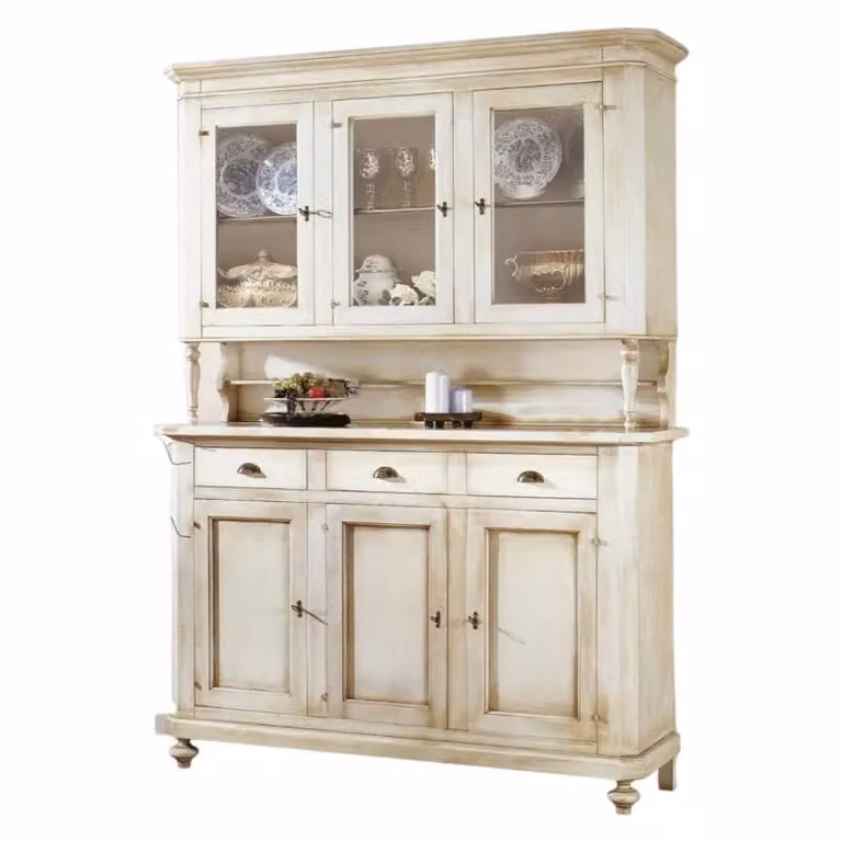 Cristalliera Shabby Chic Mobili 2G con 3 porte in vetro e 3 cassetti, Bianco Patinato, L: 160 cm, P: 50 cm, H: 221 cm