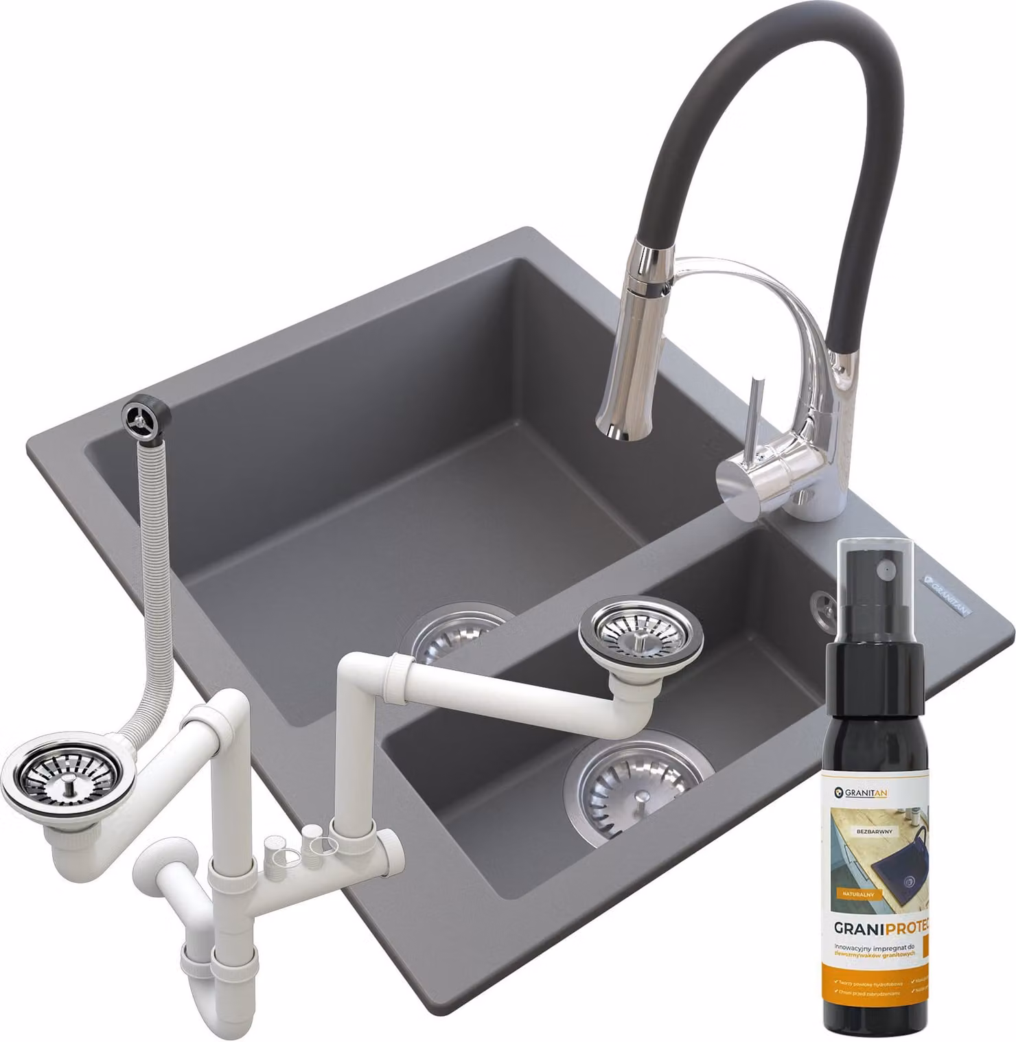 Granitan - Lavello in granito - Lavello da cucina - 1,5 vasche - 60x50 cm - Grigio - con rubinetteria NEXO e sifone - KOS