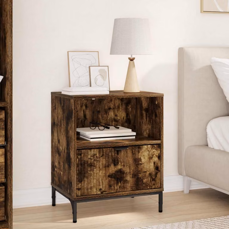 Armadio da notte vidaXL in legno e metallo, Rovere fumo, L: 49 cm, P: 36 cm, H: 61 cm