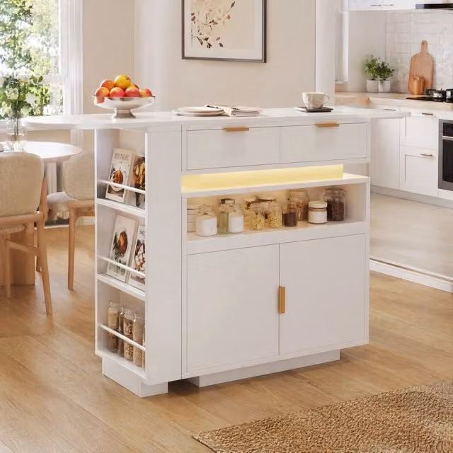 Tavolo bar ULEVR estensibile 115-183x40x99,5 cm con piano girevole, LED Bluetooth e contenitore, bianco