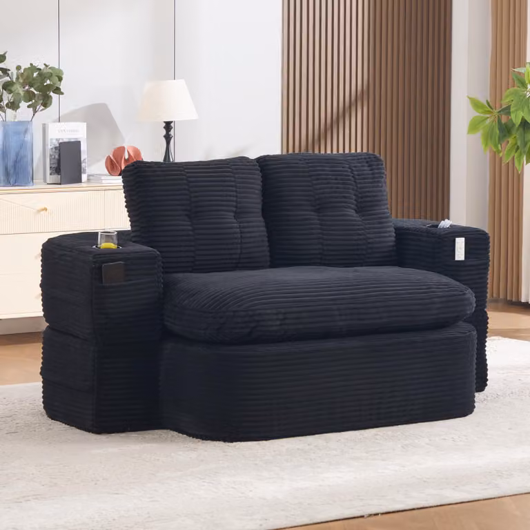 DIVANO MODULARE RELAXSOFA MODFU, rivestito in tessuto cordato, trasformabile in un divano lounge 2-in-1 con funzione relax, dotato di due portabicchieri e seduta particolarmente profonda, colore nero