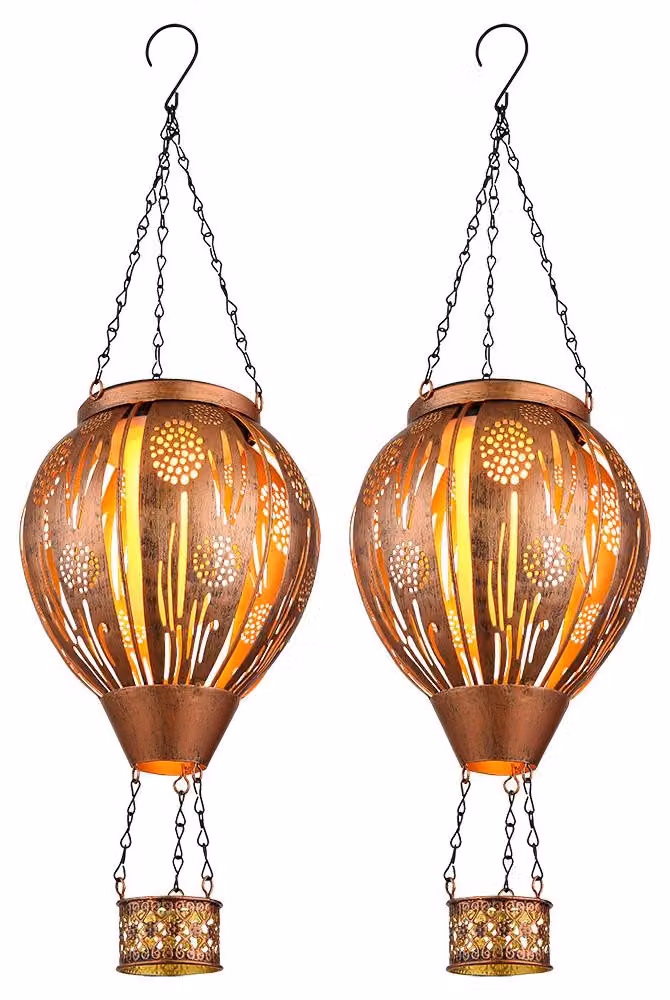 Set di 2 lampade solari a LED, forma di mongolfiera, effetto fiamma, altezza 46 cm