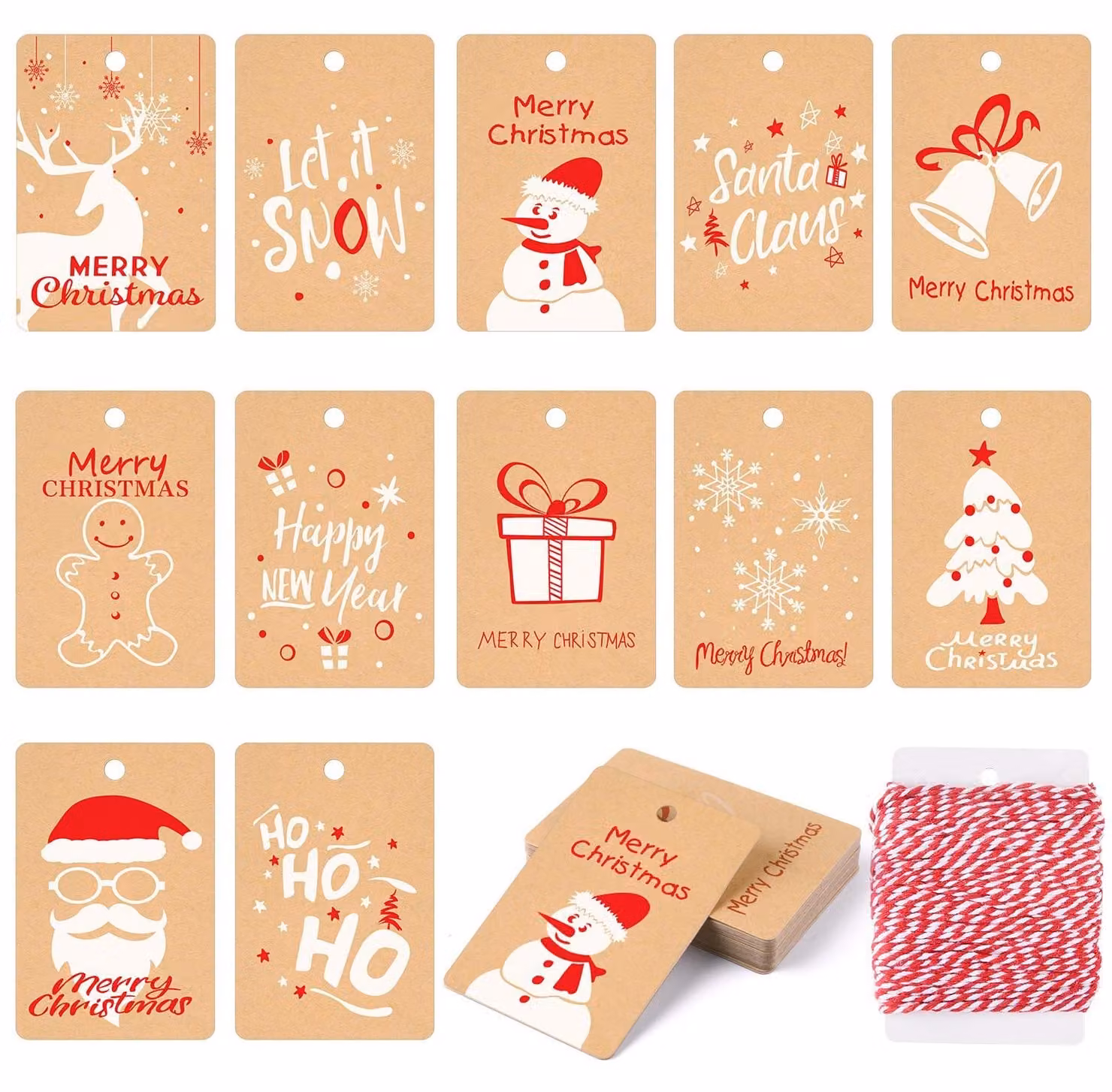 120 decorazioni natalizie in carta kraft, dimensioni 7,5x5 cm, con 12 diversi motivi