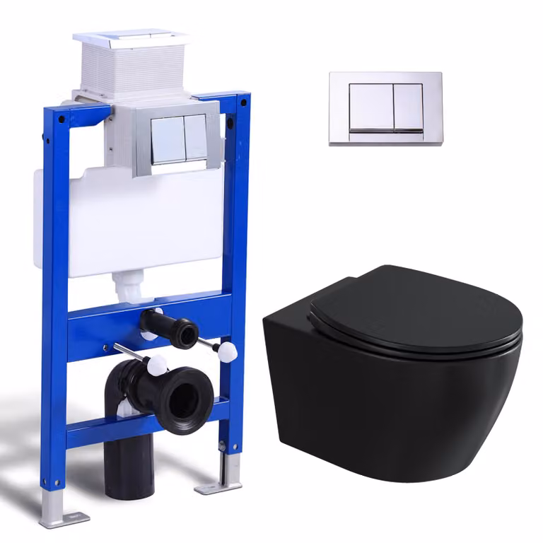 Set completo per vaso a parete - cassetta di scarico da 82 cm + WC sospeso nero + placca di spinta rettangolare cromata HOROW