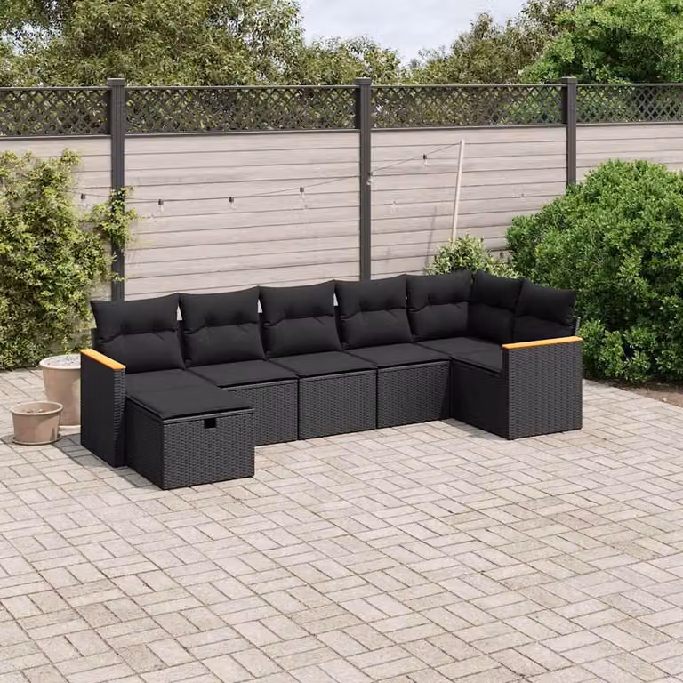 vidaXL Set Divani da Giardino a L con Cuscini 7pz Nero in Polyrattan e Acciaio