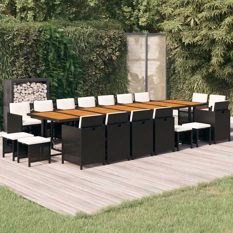 vidaXL Set da Pranzo da Giardino Moderno in Polyrattan e Legno di Acacia con Cuscini, 19 Pezzi, Nero e Bianco