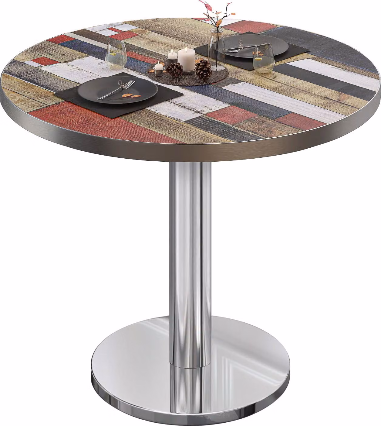 BN | Tavolino da bistrot | Ø: 80 x 72 cm | Bordo in acciaio inossidabile | Vintage multicolore / acciaio inossidabile | Rotondo | Tavolino da bistrot