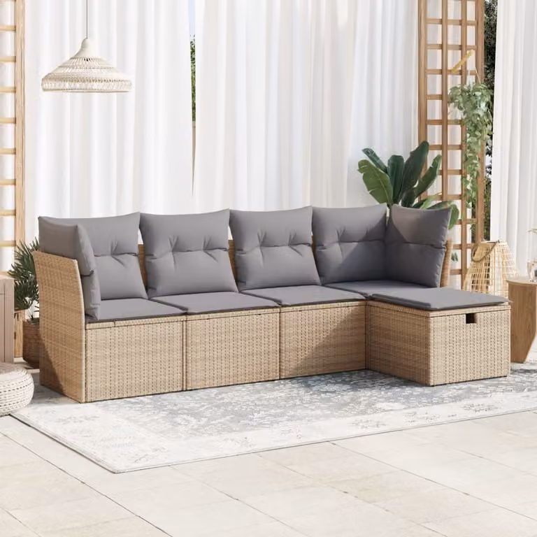 Set Divano da Giardino vidaXL 5 pz a Forma a L in Polyrattan con Cuscini Beige e Struttura in Metallo