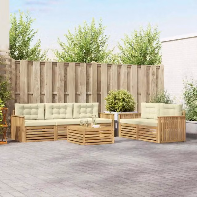 Set da giardino moderno vidaXL composto da divano a L, divano a 3 posti, tavolino da caffè e cuscini in legno di acacia trattato, colori bianco e beige – 1