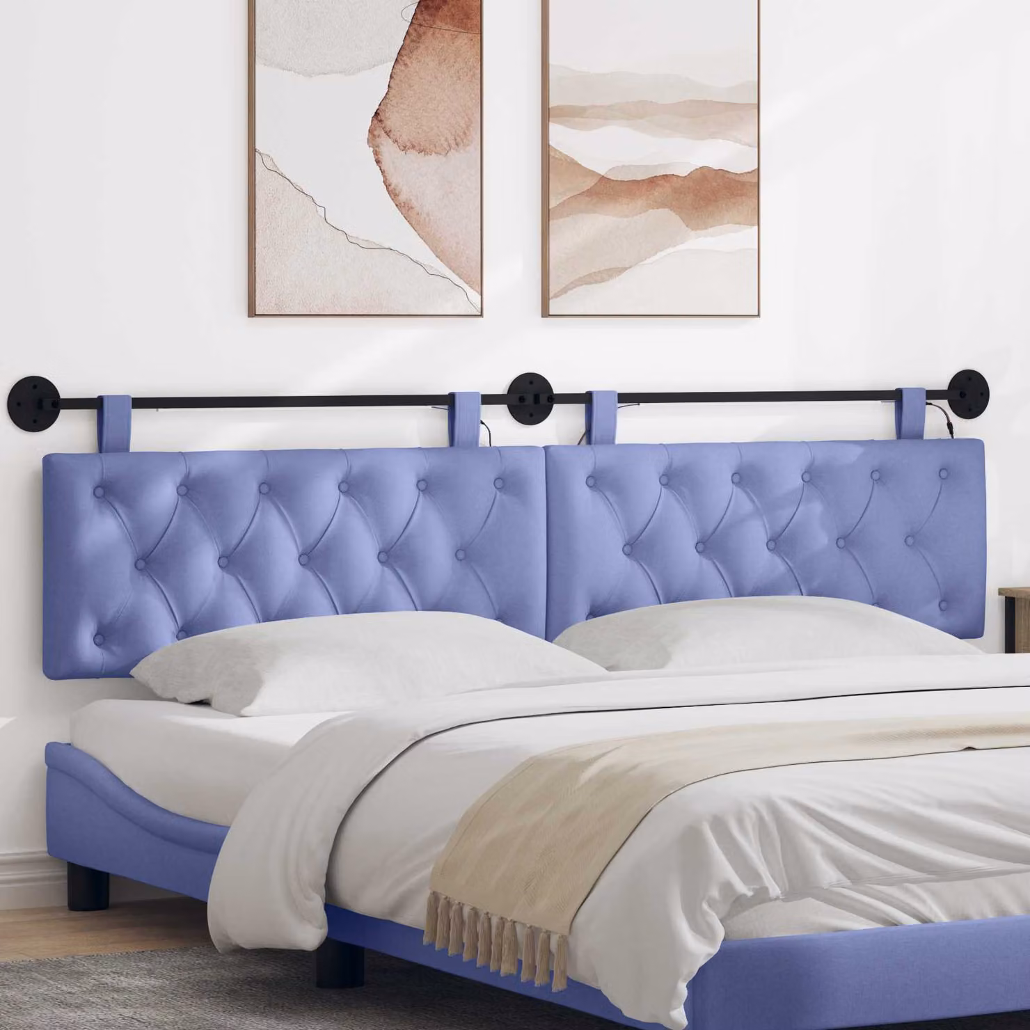 Testiera per letto sospesa vidaXL con luce LED blu in tessuto moderno L: 210 cm, H: 55 cm, P: 7 cm