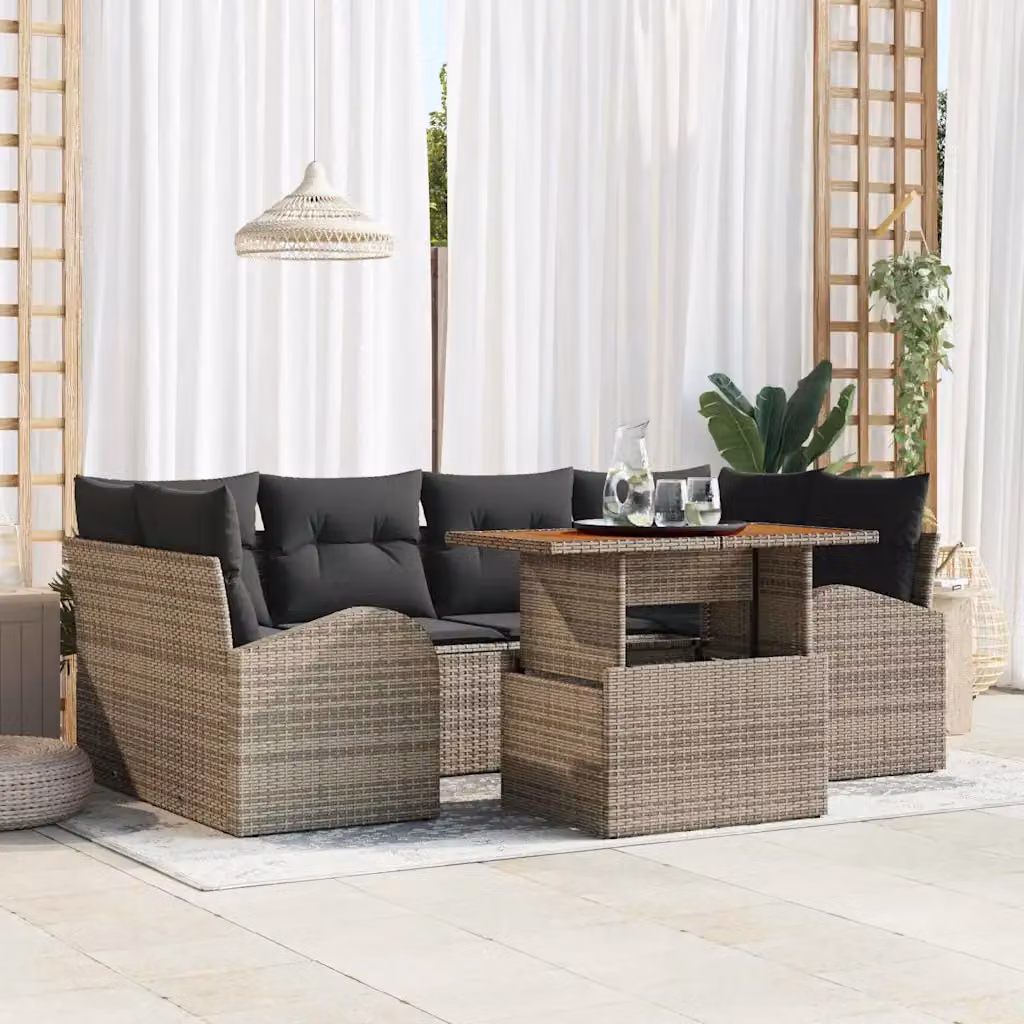 Set Divano da Giardino a L vidaXL in Rattan Grigio con 7 Pezzi e Tavolino da Esterno – 1