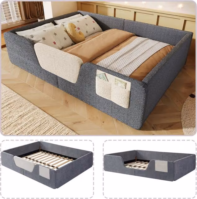 Letto imbottito per bambini 140x190 cm in velluto grigio con sponde rimovibili