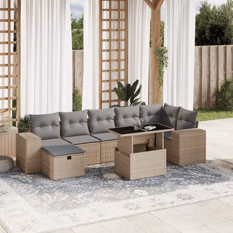 Set Divano da Giardino 8 pz vidaXL in Polyrattan Beige con Cuscini e Tavolino