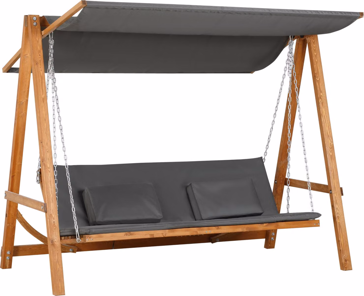 Altalena Hollywood a 3 posti con funzione letto per 2 persone, struttura in legno di pino, tetto reclinabile, portata massima di 250 kg, altalena da esterno, colore grigio e teak