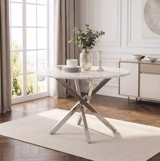 Tavolo da pranzo rotondo 80x80x75 cm con piano effetto marmo e gambe cromate argento