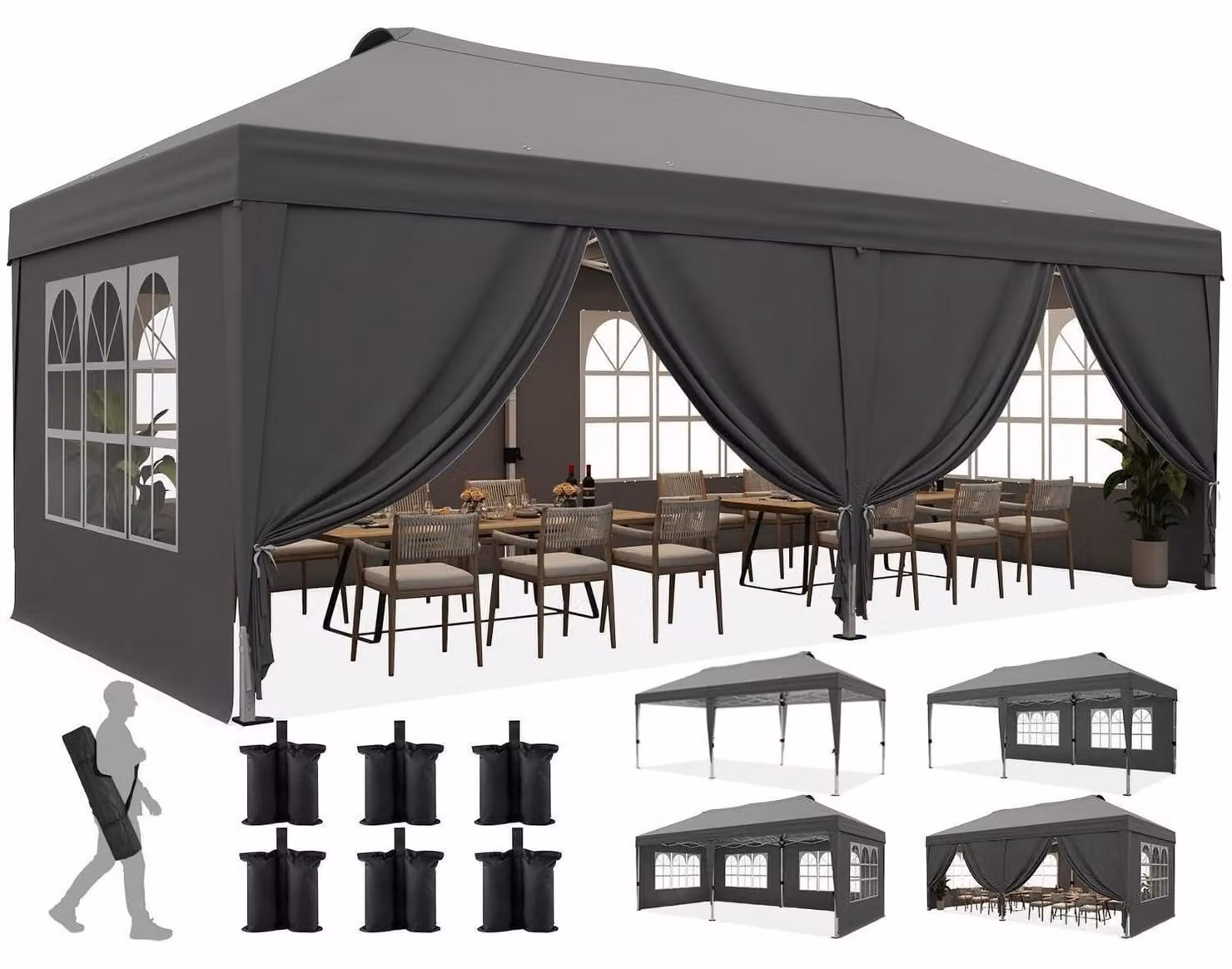 Tenda pop-up da esterno, dimensioni 3x6 metri, con 6 pareti laterali, colore grigio, protezione UV 50+, struttura in acciaio