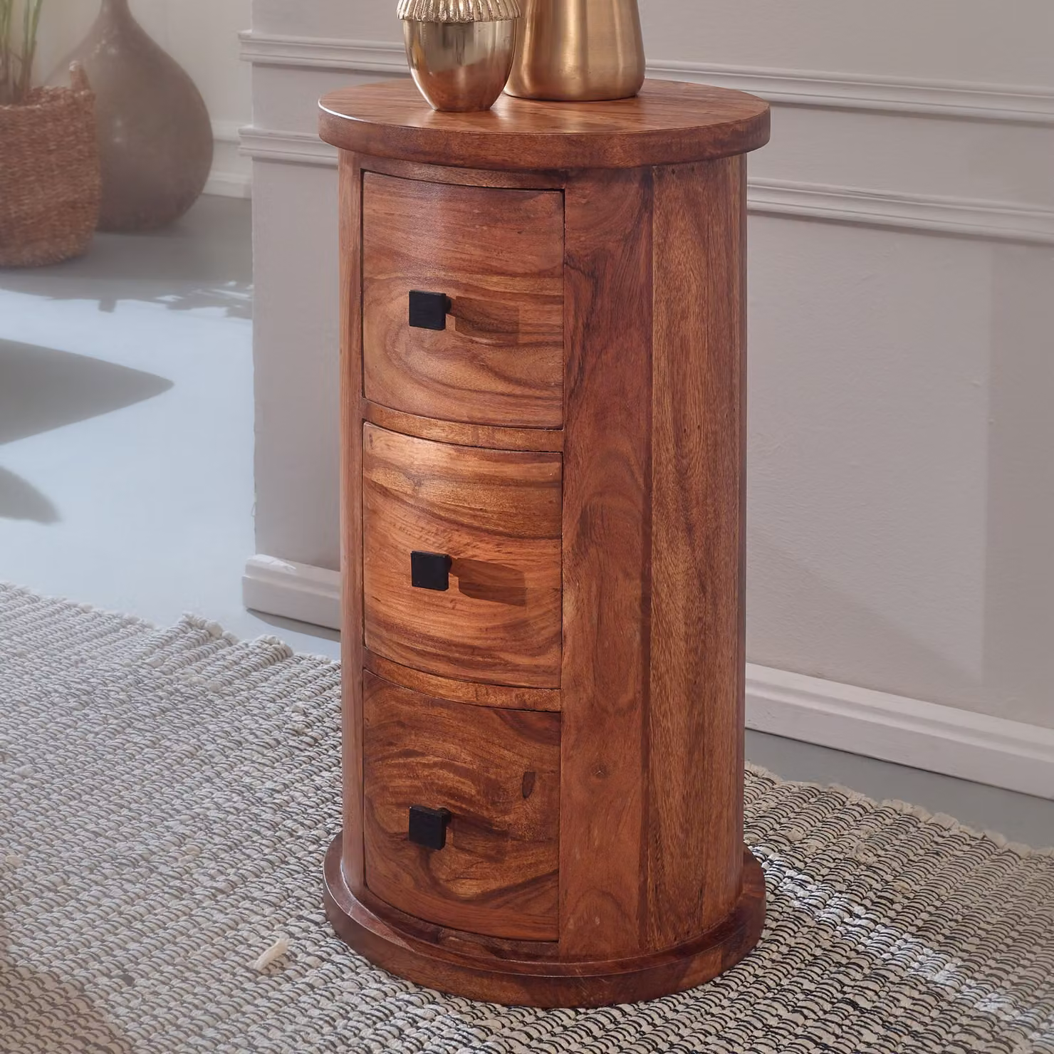 FineBuy Design Credenza 65 cm in legno massello di sheesham, Ø 35 cm, mobiletto con cassetti, mobile ausiliario stretto, mini cassettiera in legno massello, rotonda